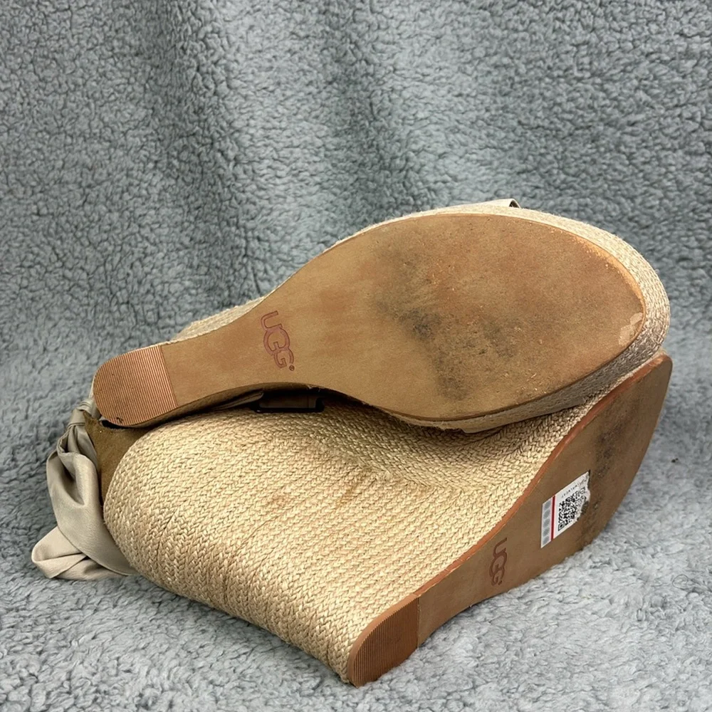 UGG Jules Espadrille Wedge Sandal Size 9.5 Leather Heel Cap Feminine Cream Bow - Picture 7 of 10